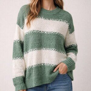 Lumière Green & Cream Stripe Chunky Knit Sweater NWT